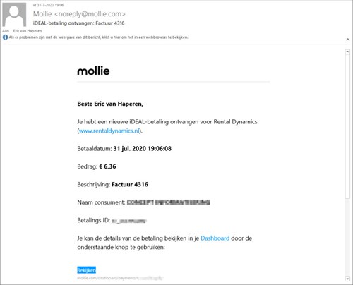 Mail notificatie online betaling